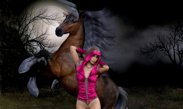 Картинка 3д+графика люди+ people девушка взгляд фон лошадь