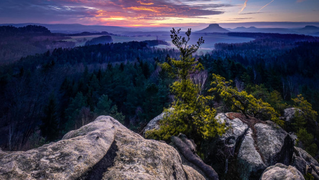 Обои картинки фото природа, горы, деревья, закат, панорама, саксония