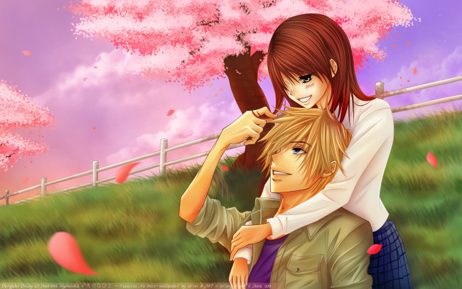 Обои картинки фото аниме, dengeki daisy, объятия, пара, манга, мобильная, маргаритка