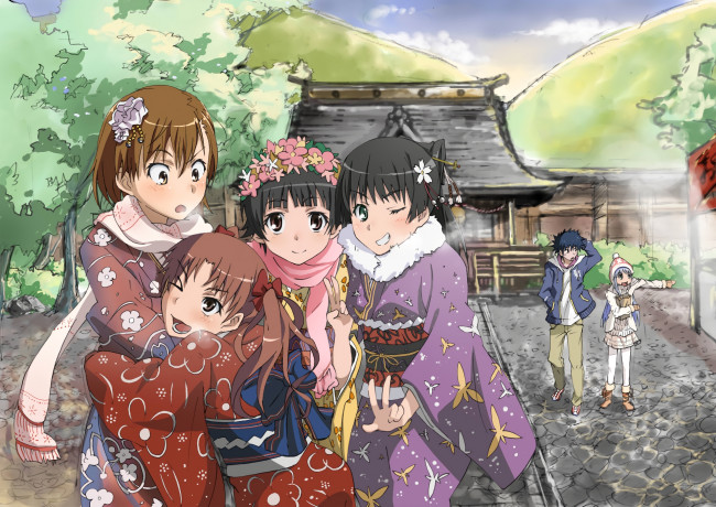 Обои картинки фото аниме, toaru majutsu no index, девушки, фон, взгляд