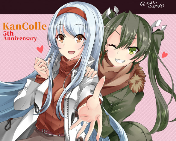 Обои картинки фото аниме, kantai collection, фон, взгляд, девушки