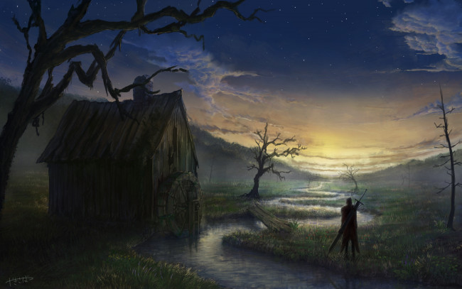 Обои картинки фото фэнтези, пейзажи, звезды, облака, фэнтази, природа, мужчина, меч, небо, арт, пейзаж