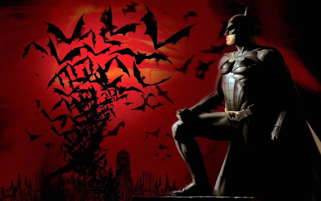 Обои картинки фото рисованное, комиксы, бэтмен, супергерой, маска, плащ, летучие, мыши, город