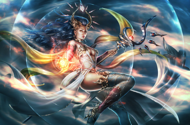 Обои картинки фото фэнтези, девушки, посох, волосы, девушка, грудь, фантастика, ноги, магия, арт, маг, lana, solaris