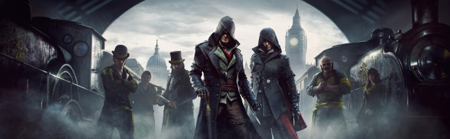 Обои картинки фото видео игры, assassin`s creed,  syndicate, взгляд, город, фон, девушка, мужчины