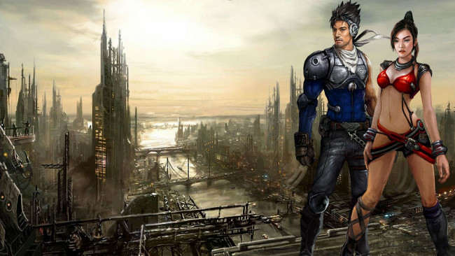 Обои картинки фото видео игры, 2029 online, город, парень, девушка, будущее, река