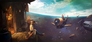 Картинка фэнтези иные+миры +иные+времена дом мальчик собака обломки гость самолет