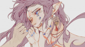 Картинка аниме животные +существа девушка эльф слезы серьги руки