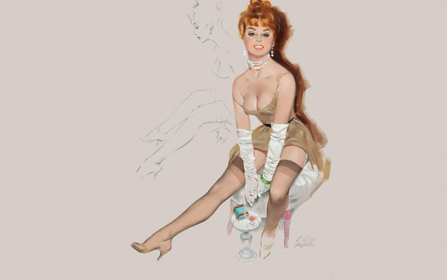 Обои картинки фото рисованное, fritz willis, fritz, willis, пин, ап, девушка, банкетка, чулки