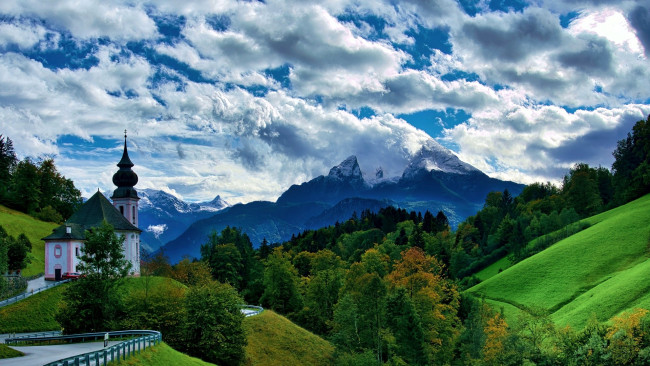 Обои картинки фото church maria gern, bavarian alps, города, - католические соборы,  костелы,  аббатства, church, maria, gern, bavarian, alps