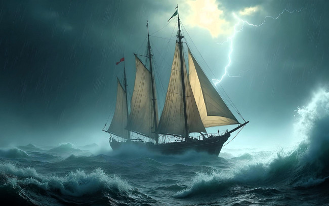 Обои картинки фото корабли, 3d, парусник, море, волны, шторм, тучи, молния