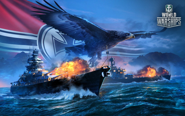 Обои картинки фото видео игры, world of warships, корабли, огонь, море, флаг, орел