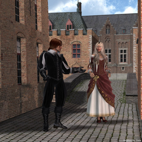 Обои картинки фото 3д, графика, people, люди, двор, девушка