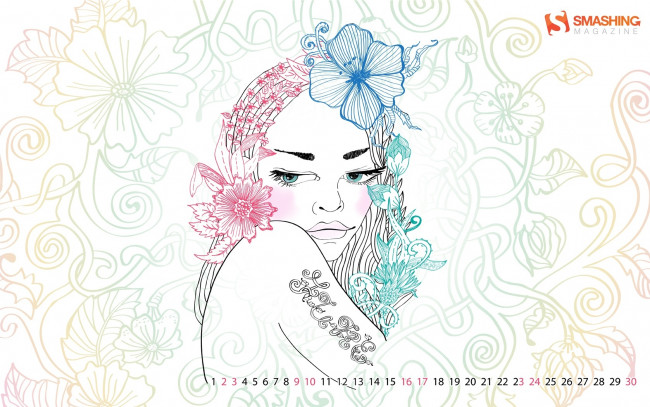 Обои картинки фото календари, рисованные, векторная, графика, девушка, цветы