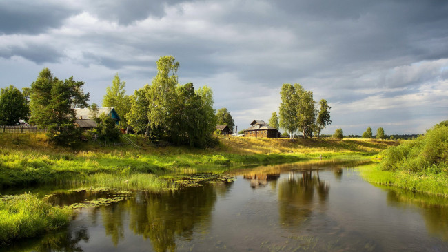 Обои картинки фото природа, реки, озера, трава, облака, река, деревья