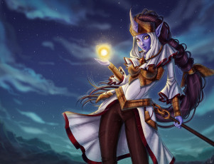 Картинка фэнтези существа ночь магия девушка фиолетовая звёзды небо