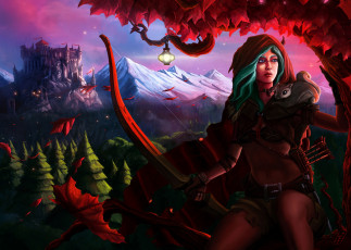 Картинка фэнтези девушки замок стрелы лук охотник девушка зверек