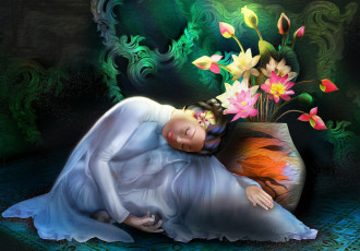 Картинка фэнтези девушки лотосы азиатка