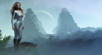 Картинка 3д+графика people+ люди рендер девушка планета горы здания обрыв