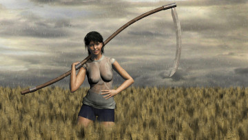 Картинка farmer`s+daughter 3д+графика people+ люди девушка взгляд коса поле