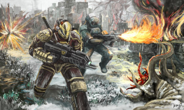 Картинка фэнтези люди оружие монстр сражение солдаты мир иной