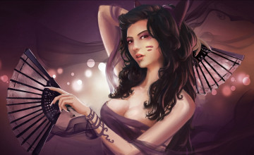Картинка фэнтези девушки брюнетка огоньки веер девушка