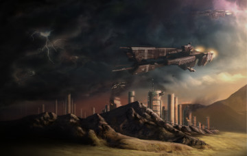 Картинка фэнтези космические+корабли +звездолеты +станции звездолеты молнии буря база космическая мир иной