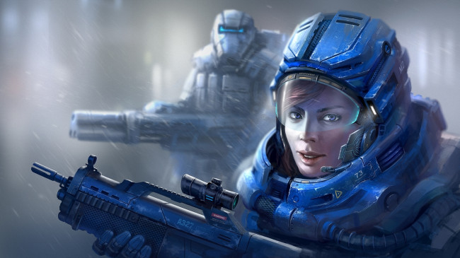 Обои картинки фото фэнтези, девушки, прицел, автомат, солдат, скафандр, девушка