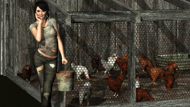 Обои картинки фото farmer`s daughter, 3д графика, people , люди, девушка, взгляд, ведро, куры