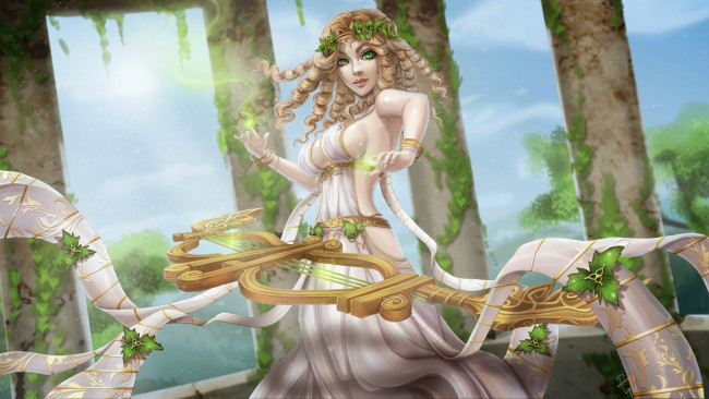 Обои картинки фото фэнтези, девушки, league, of, legends, арт, музыкальный, инструмент, девушка, sona, магия, колонны