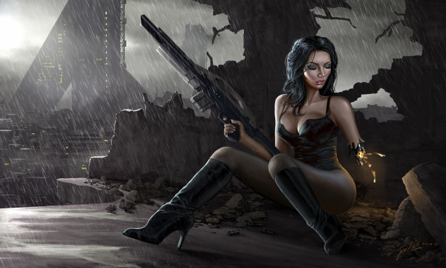 Обои картинки фото фэнтези, роботы,  киборги,  механизмы, руины, дождь, автомат, будущее, киборг, девушка