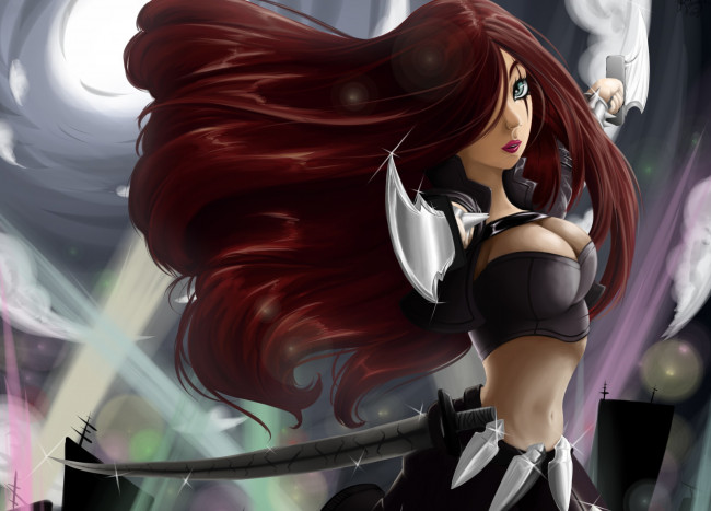 Обои картинки фото фэнтези, девушки, katarina, league, of, legends, арт, грудь, стойка, кинжалы, девушка, волосы