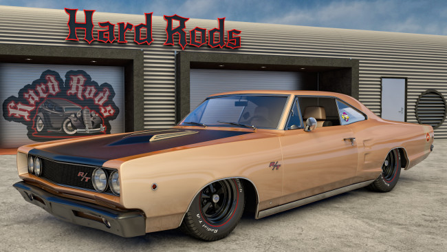 Обои картинки фото автомобили, 3д, dodge, фон, 1968г