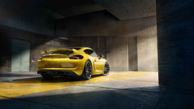 Обои картинки фото автомобили, porsche, желтый, 2015г, 981c, gt4, cayman