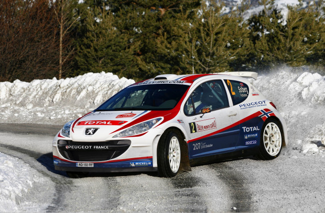 Обои картинки фото peugeot 207, спорт, авторалли, 207, поворот, ралли, wrc, rally, гонка, занос, peugeot, зима