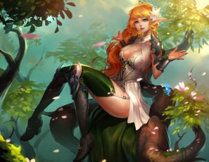 Картинка фэнтези эльфы фэнтази арт эльфийка взгляд поза деревья ветки листья природа