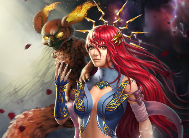 Обои картинки фото фэнтези, красавицы и чудовища, фантазия, lana, solaris, девушка, зверь, магия, огонь, взгляд, маг, рыжая