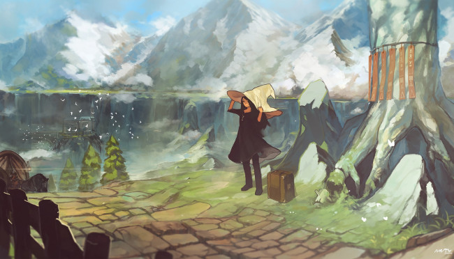 Обои картинки фото аниме, unknown,  другое, горы, девушка, шляпа