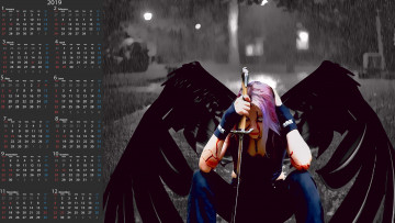 Картинка календари фэнтези дождь оружие крылья девушка