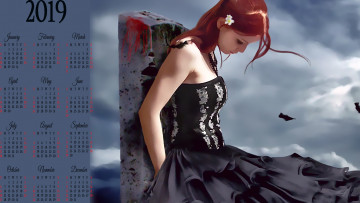 Картинка календари фэнтези камень плита цветы девушка