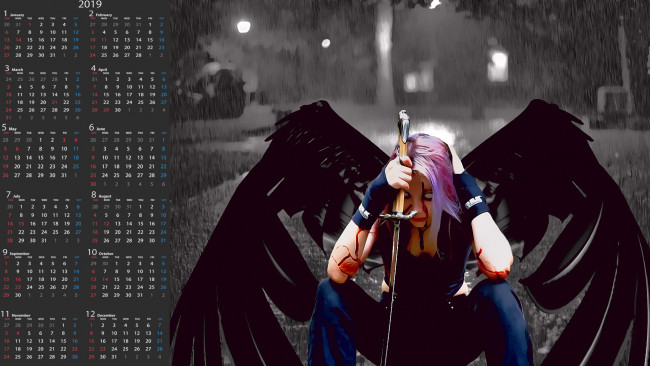 Обои картинки фото календари, фэнтези, дождь, оружие, крылья, девушка