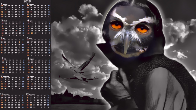 Обои картинки фото календари, фэнтези, взгляд, существо, птица
