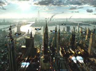 Картинка фэнтези иные+миры +иные+времена небо город озеро панорама транспорт