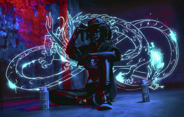 обоя девушки, - креатив,  косплей, кепка, куртка, штаны, краска, баллончики, граффити