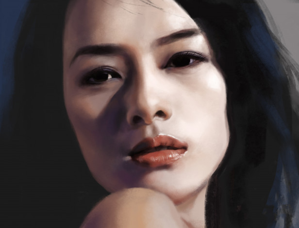 Обои картинки фото zhang ziyi by qingyang liu, рисованное, люди, девушка, фон, взгляд