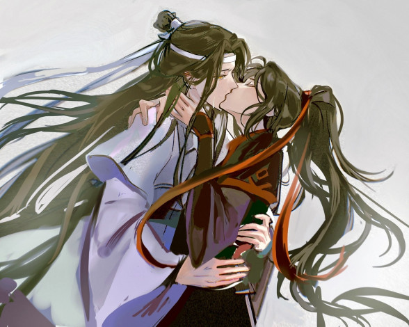 Обои картинки фото аниме, mo dao zu shi, вэй, усянь, лань, ванцзы, поцелуй