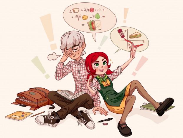 Обои картинки фото рисованное, дети, мальчик, девочка, мысли, книги, портфель