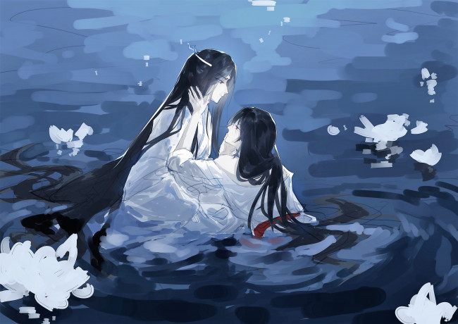 Обои картинки фото аниме, mo dao zu shi, вэй, усянь, лань, ванцзи, пруд, лотосы