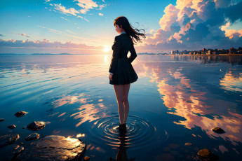 Картинка аниме пейзажи +природа нейросети графика нейроарт ai art нейронные сети рисунки нейро искусство девушка водоем