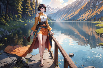 Картинка аниме пейзажи +природа нейросети графика нейроарт ai art нейронные сети рисунки нейро искусство озеро девушка